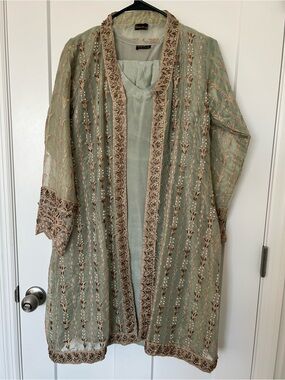 Embroidered Sage Green shalwar Kameez with Beaded Trim